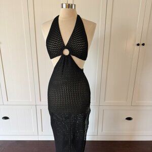 Boutique Black Crochet Maxi Dress Open Back Halter Ring Detail